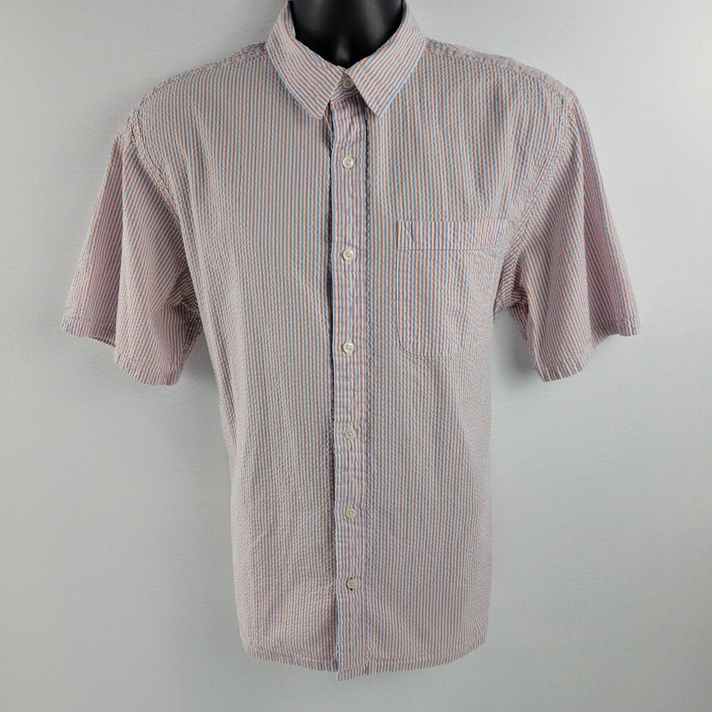 L.L.Bean short sleeve button down shirt mens L red blue striped 757